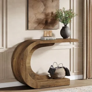 Rustic Brown C-Shaped Sofa Table with Storage