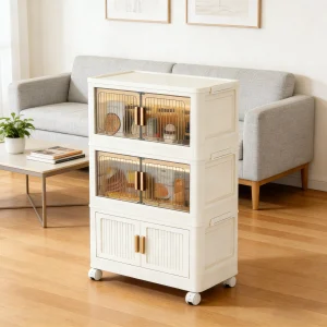 3/4-Tier Folding Storage Organizer with Wheels - No Assembly Required, Magnetic Double-Door