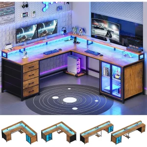 L-shaped computer desk with Display Cabinet, and 2 Monitor Stands,