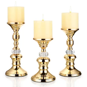 Gold Metal Pillar Candlestick Holders, Vintage Pillar