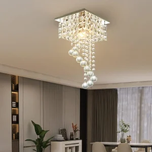 Finktonglan Mini Crystal Chandelier, 7.9" Square Flush Mount Ceiling, Stainless Steel,