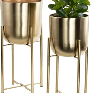 Large Gold Metal Indoor Outdoor Planter Set with Removable Stand,