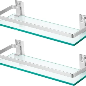 2-Pack Tempered Glass Bathroom Shelf with Rail, 15" x 4.5" Rectangular Shower Caddy, Wall Mounted Floating Shampoo Holder.