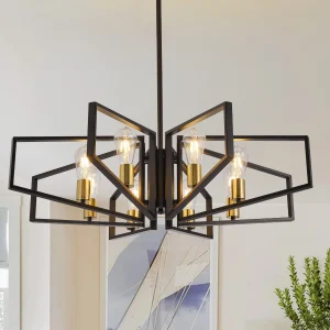 Modern 8-Light Geometric Chandelier Adjustable Height Metal Pendant Light with Black Frame & Golden Accents