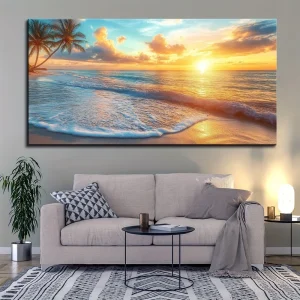 Ocean sunset 1.5-inch thick pine solid wood frame, natural scenery canvas mural,