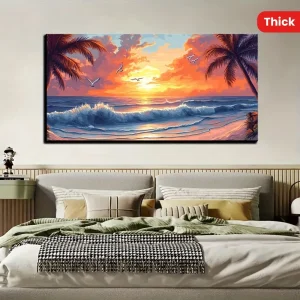 Ocean sunset beach oil painting canvas 1.5 inch thick pine solid wood frame