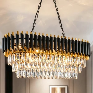 Modern Black & Gold Crystal Chandelier, 3-Tier K9 Oval Crystal, for Kitchen Island/Living Room/Bedroom/Dining Room