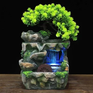 Tabletop Water Fountain,  W/LED Lights and Rockery, Artificial Plants.
