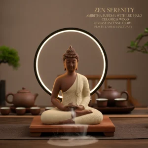 Ceramic Buddha Statue with LED Halo Ring Light,