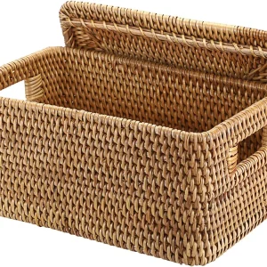Natural Hand-Woven Wicker Storage Basket Bin for Shelf Organizer, Picnic Basket