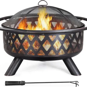 36in Outdoor Patio Wood Burning Fire Pit, Steel, Black,
