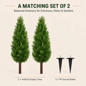 2-pack 4 ft Artificial Cedar Topiary Trees, Outdoor Faux Plants with Ground Spike, - Thumbnail Image 3