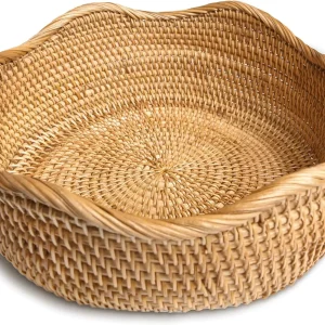 Handmade Rattan Bread Baskets Round Wicker Fruit Serving Storage Bowls,