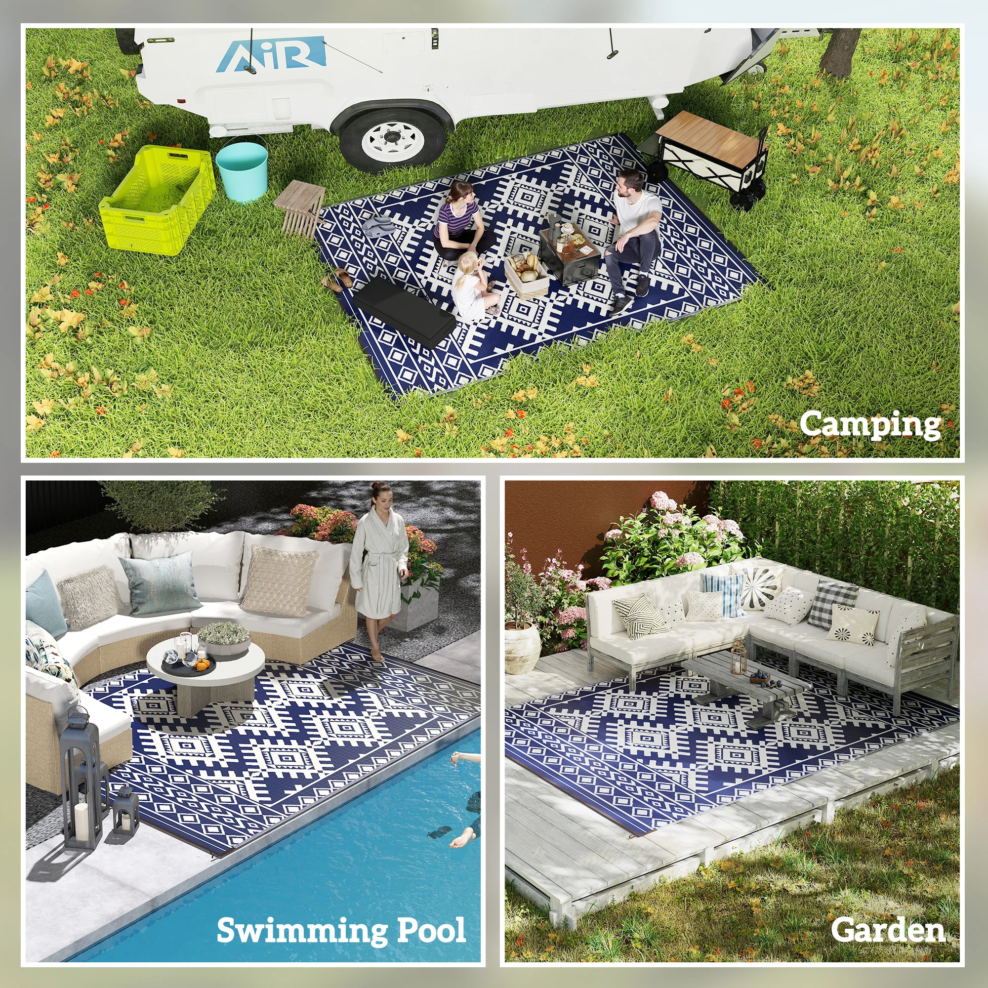 Outdoor Rug, 9' x 12' Floor Mat, Blue White Rhombus Border - Image 5