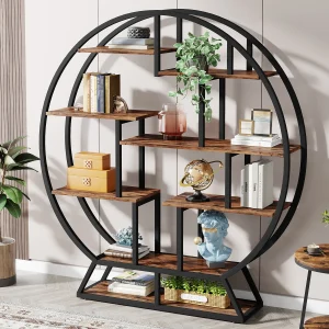 Tribesigns, Round Bookshelves, 63-Inch Industrial Wood Book Shelf with Staggered Shelves