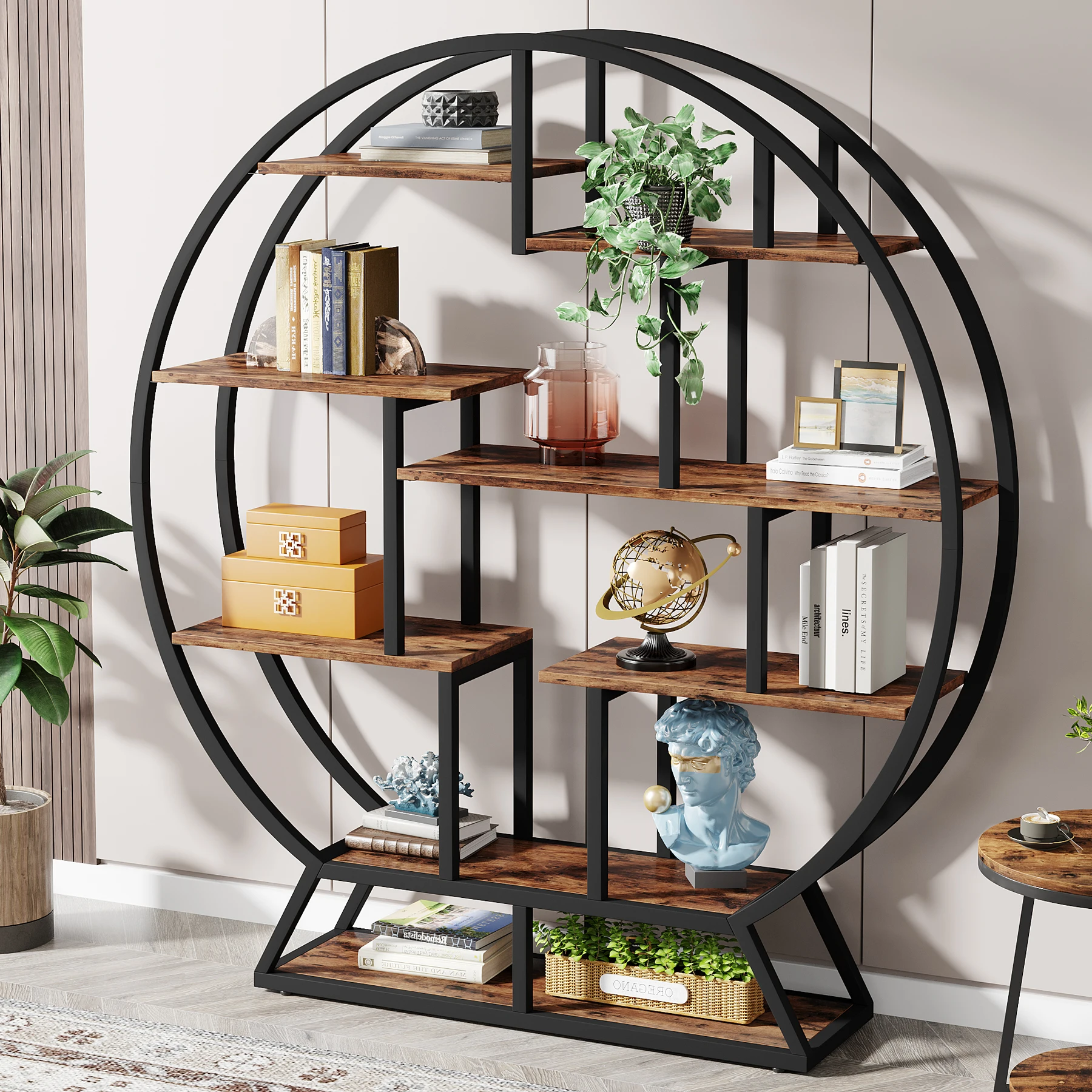 Tribesigns, Round Bookshelves, 63-Inch Industrial Wood Book Shelf with Staggered Shelves - Image 1