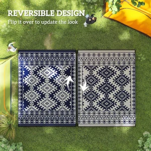 Outdoor Rug, 9' x 12' Floor Mat, Blue White Rhombus Border - Thumbnail Image 7