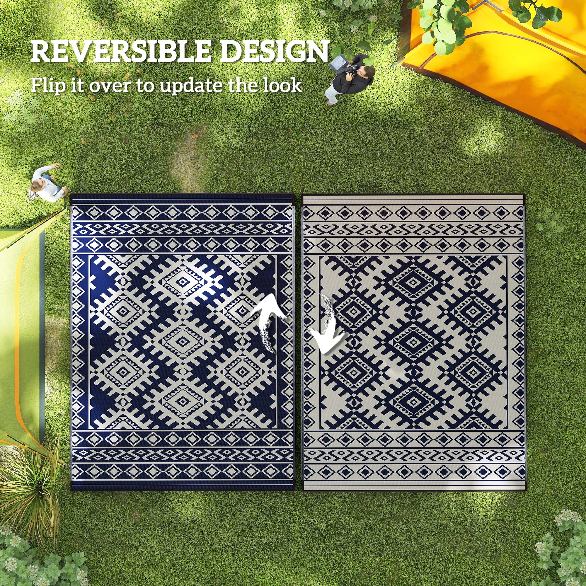 Outdoor Rug, 9' x 12' Floor Mat, Blue White Rhombus Border - Image 7