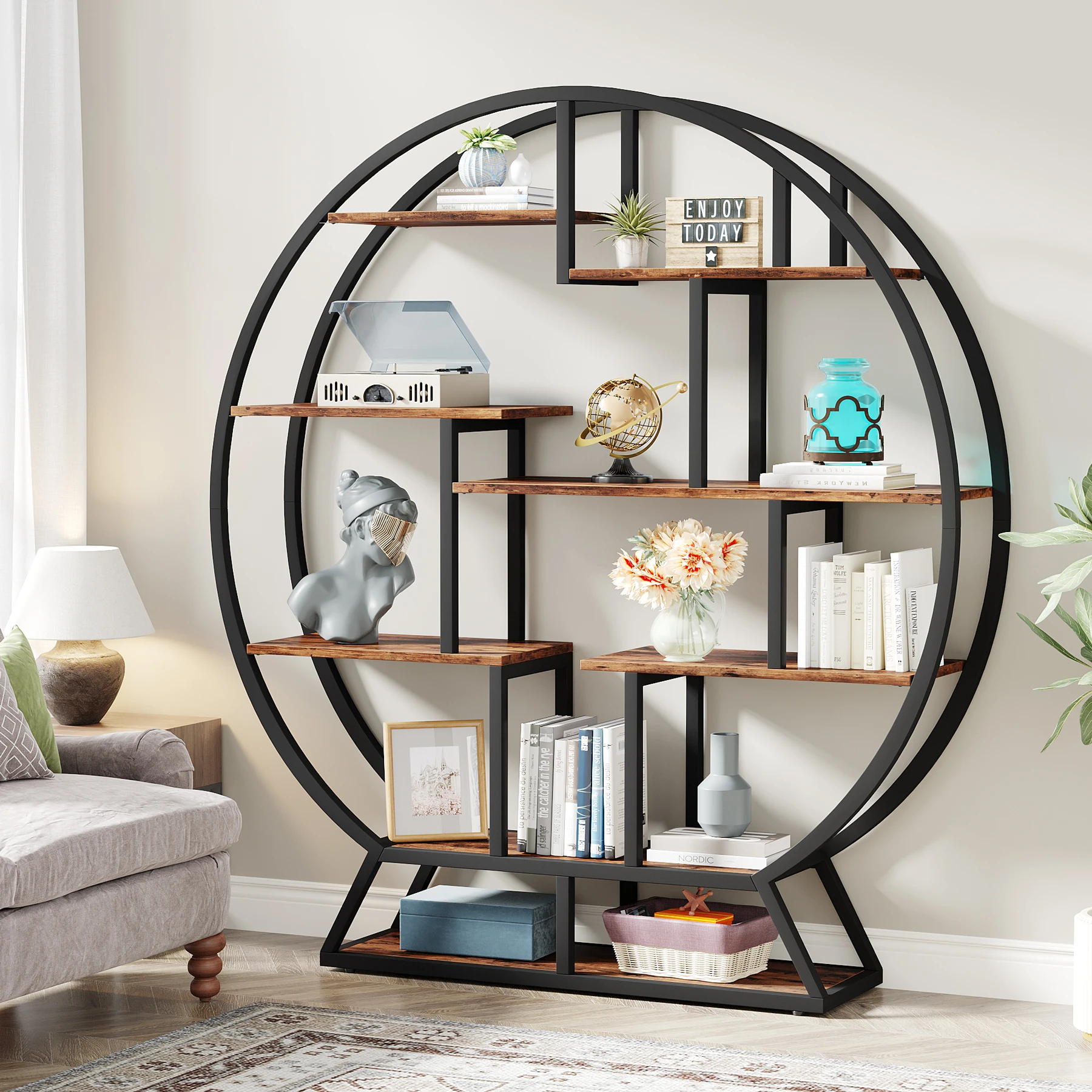 Tribesigns, Round Bookshelves, 63-Inch Industrial Wood Book Shelf with Staggered Shelves - Image 2