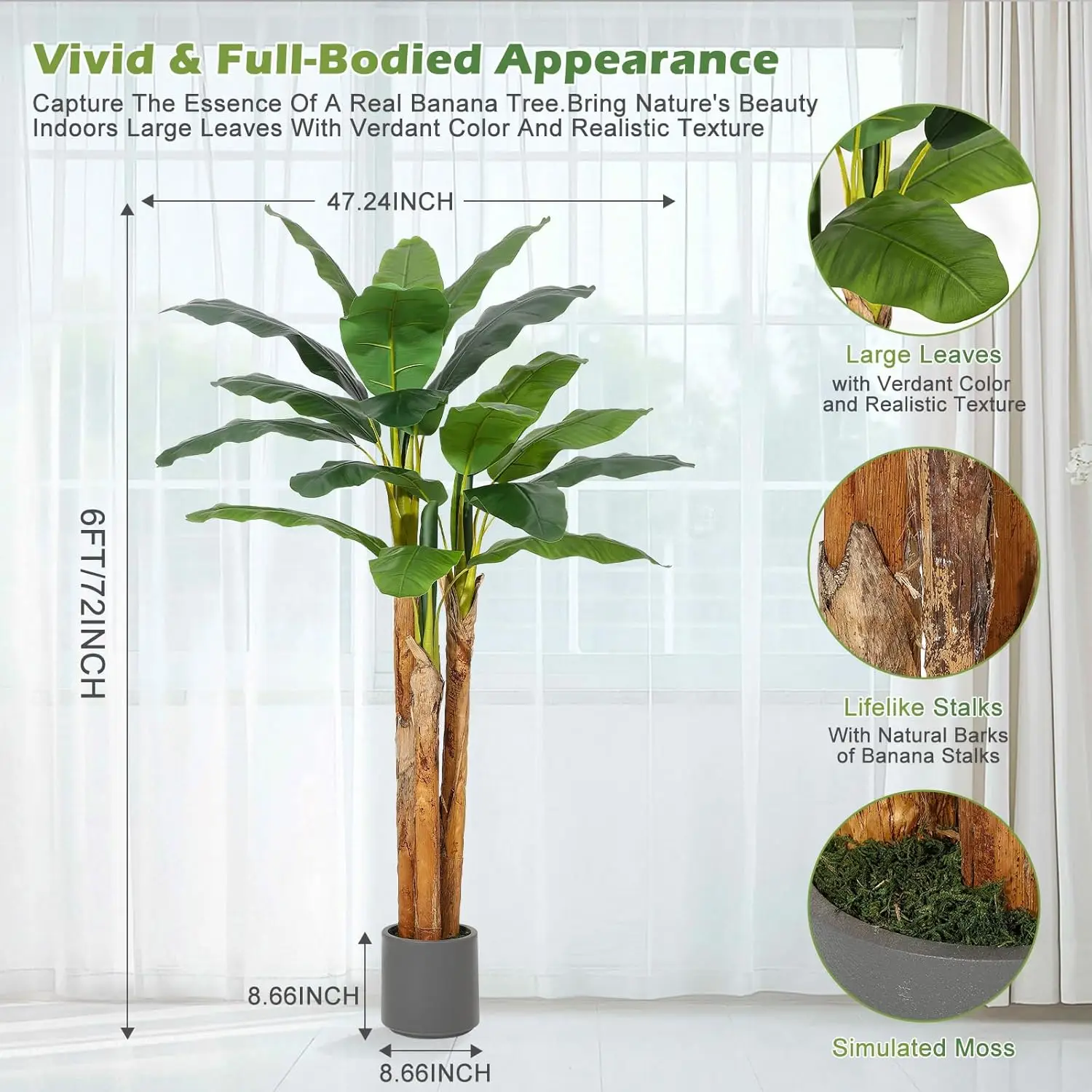 5FT/6FT Artificial Banana Tree,Tall Faux Tropical Plant in Grey Planter, - Image 7