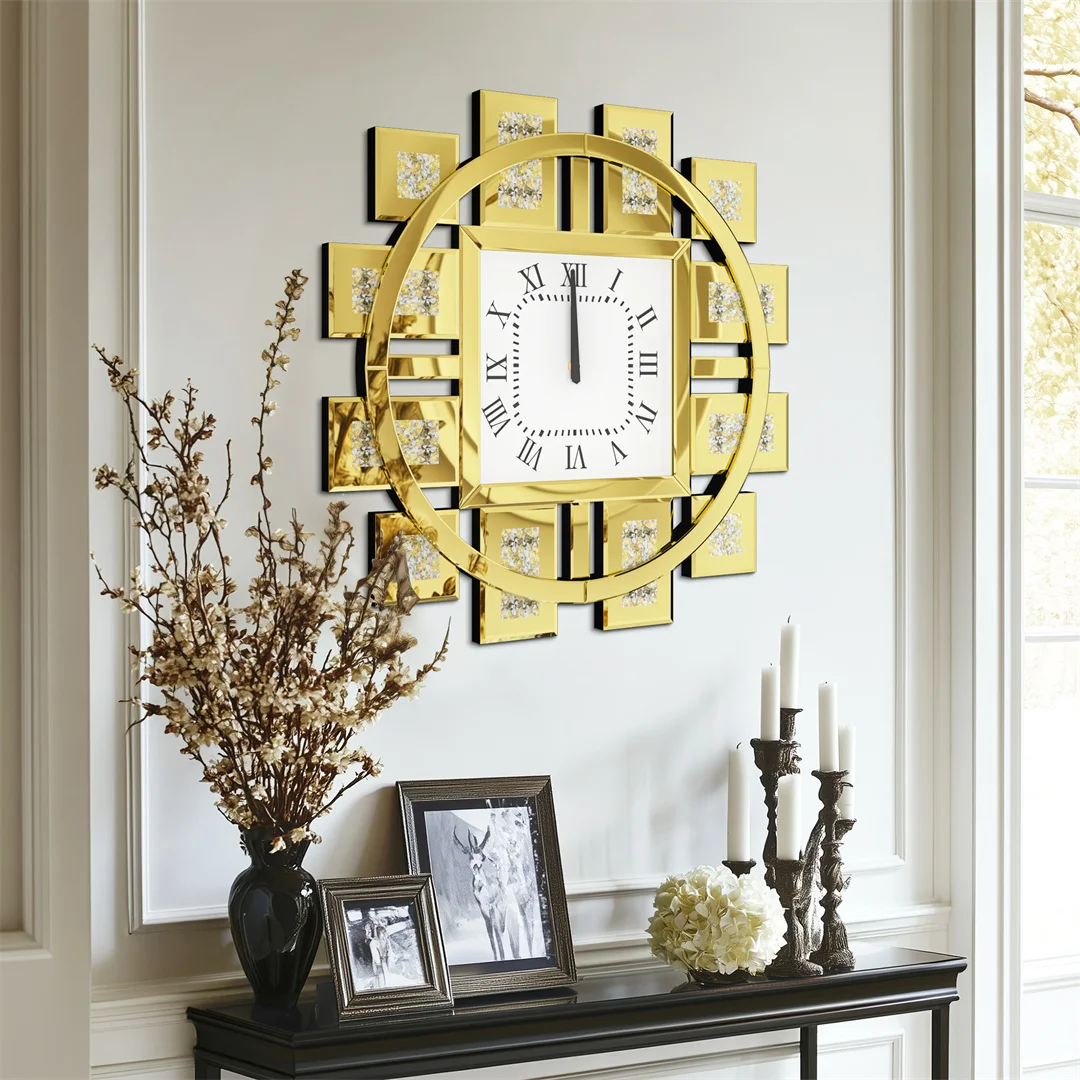 Battery Operated Decorative Wall Clock with Silver/ Golden Crystal Crushed Diamond Inlay - Image 2