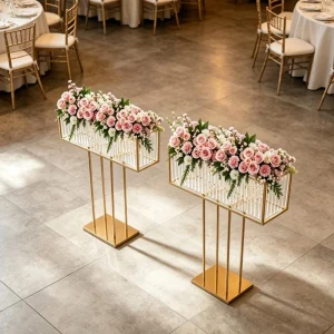 2pcs Tall Golden  Iron Frame Crystal Flower Stand for Wedding Centerpiece - Thumbnail Image 3
