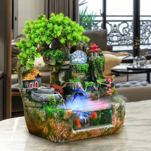 Feng Shui Money Tree Water Fountain, Circulating Fish Tank Waterfall with Resin Rockery