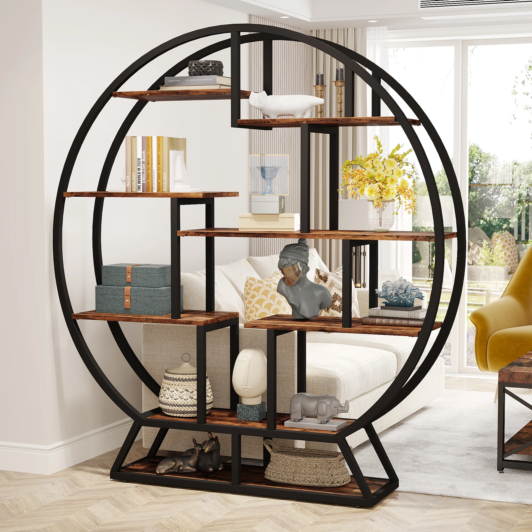 Tribesigns, Round Bookshelves, 63-Inch Industrial Wood Book Shelf with Staggered Shelves - Image 5