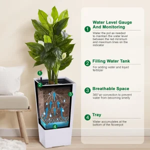 16" Tall Planters Set of 2, Indoor & Outdoor Black Planter Pots,  Drainage Holes, Water Level Monitor, and Inner Bucket, - Thumbnail Image 5