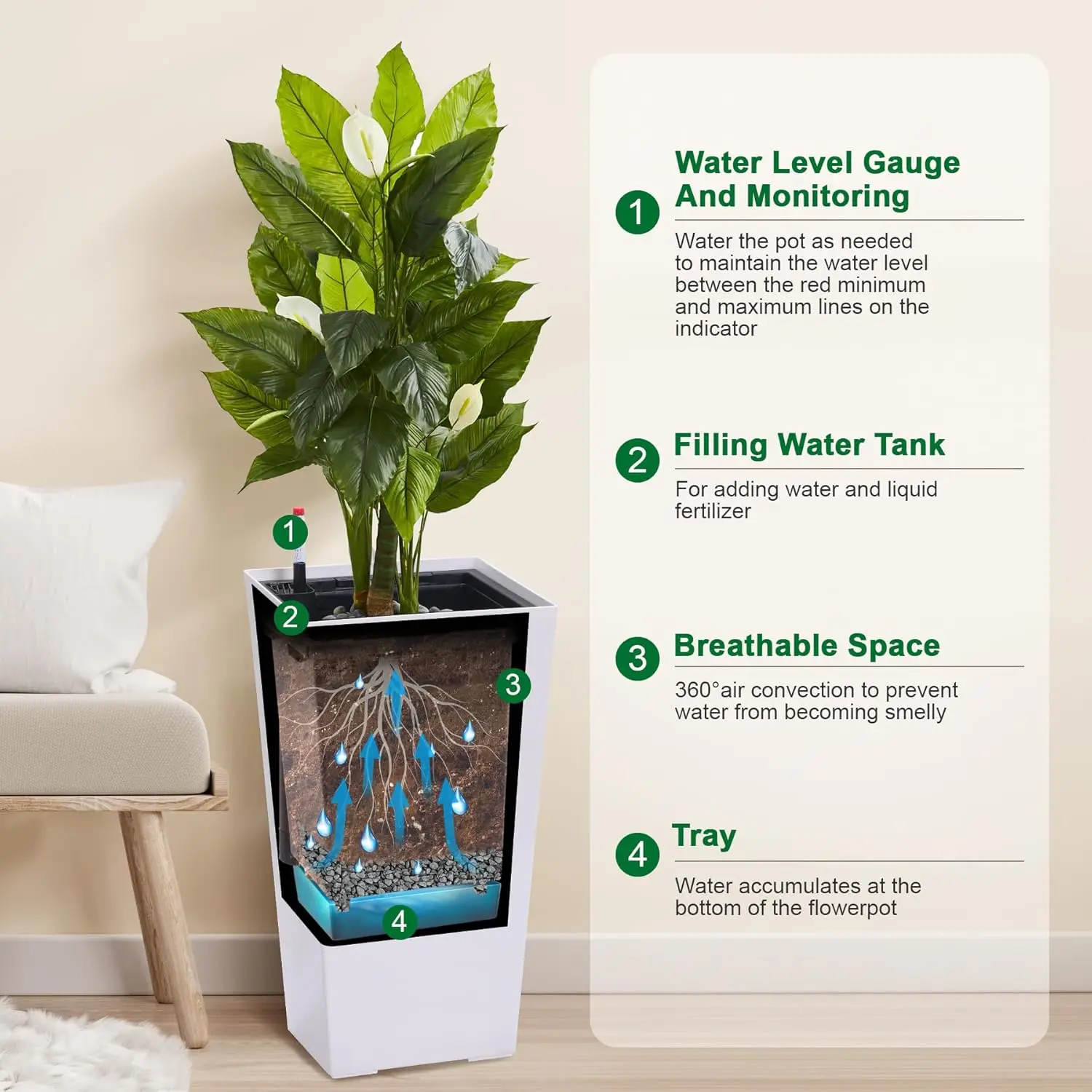 16" Tall Planters Set of 2, Indoor & Outdoor Black Planter Pots,  Drainage Holes, Water Level Monitor, and Inner Bucket, - Image 5