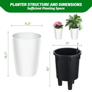 16 Inch Tall Self Watering Planters Set Of 2 With Water Level Indicator, Drainage Reservoir - Thumbnail Image 2