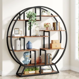 Tribesigns, Round Bookshelves, 63-Inch Industrial Wood Book Shelf with Staggered Shelves - Thumbnail Image 4