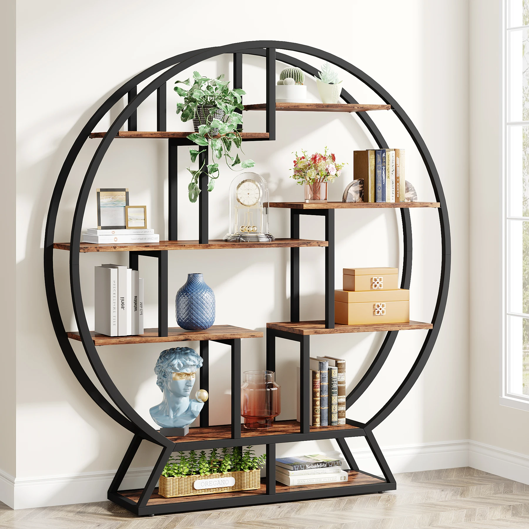 Tribesigns, Round Bookshelves, 63-Inch Industrial Wood Book Shelf with Staggered Shelves - Image 4