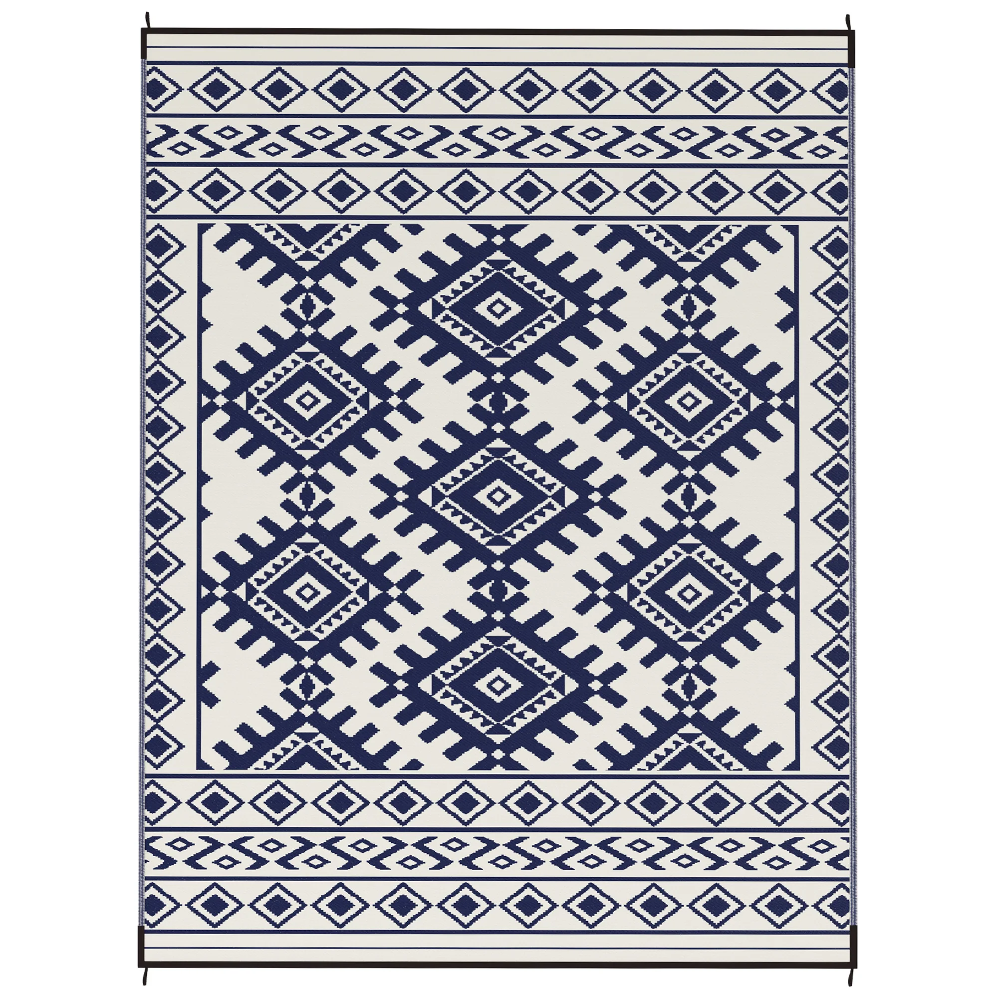 Outdoor Rug, 9' x 12' Floor Mat, Blue White Rhombus Border - Image 2