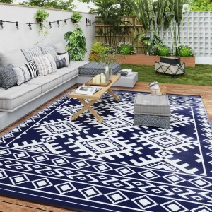 Outdoor Rug, 9' x 12' Floor Mat, Blue White Rhombus Border