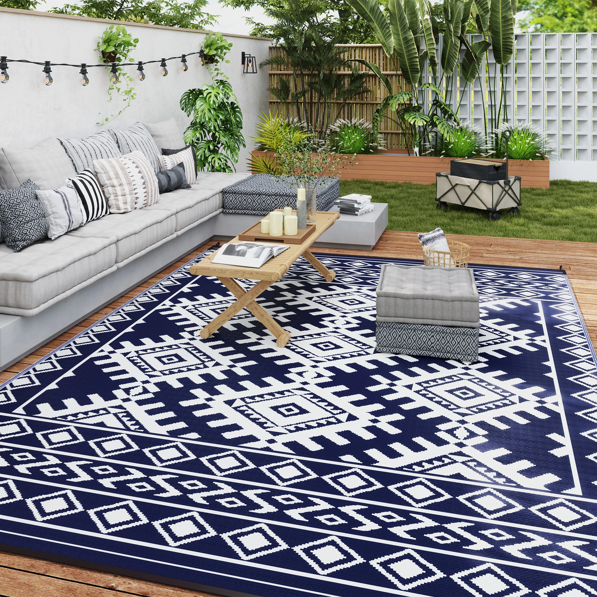 Outdoor Rug, 9' x 12' Floor Mat, Blue White Rhombus Border - Image 1