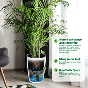 16 Inch Tall Self Watering Planters Set Of 2 With Water Level Indicator, Drainage Reservoir - Thumbnail Image 3