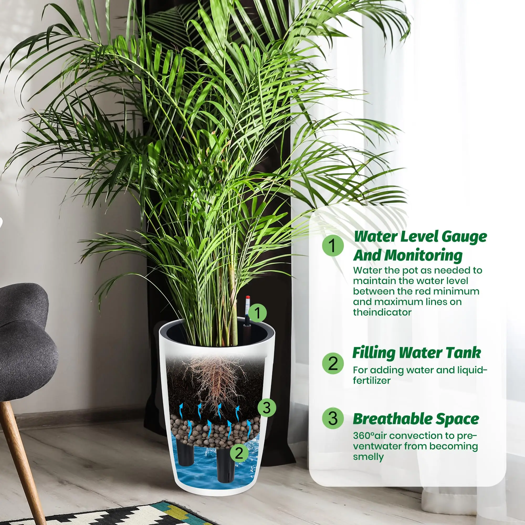 16 Inch Tall Self Watering Planters Set Of 2 With Water Level Indicator, Drainage Reservoir - Image 3