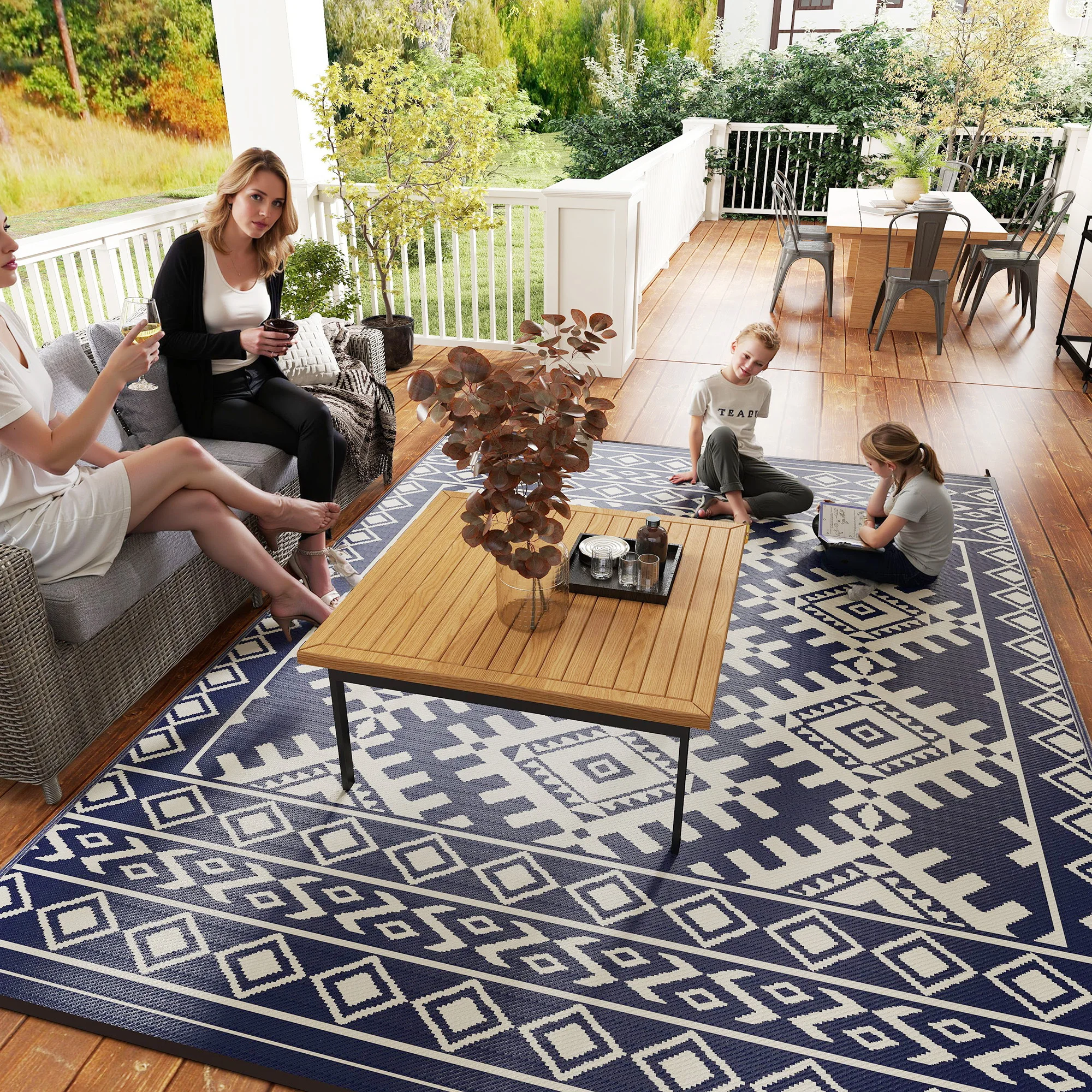 Outdoor Rug, 9' x 12' Floor Mat, Blue White Rhombus Border - Image 8