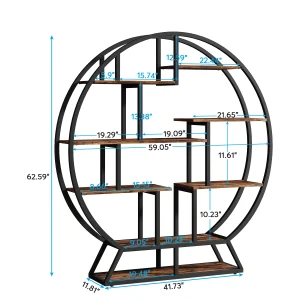 Tribesigns, Round Bookshelves, 63-Inch Industrial Wood Book Shelf with Staggered Shelves - Thumbnail Image 6