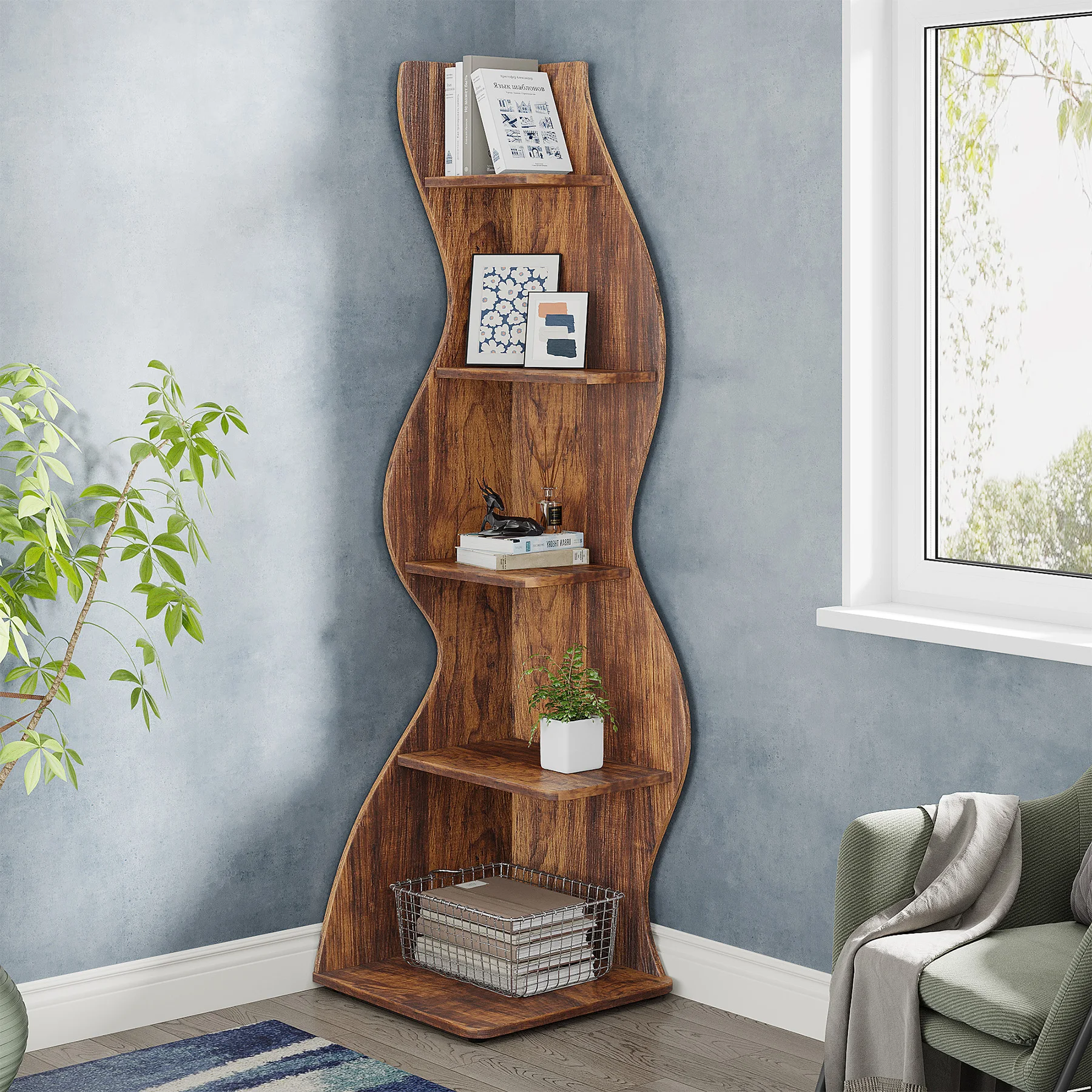 Tribesigns Corner Shelf, Rustic 5-Tier - Image 2