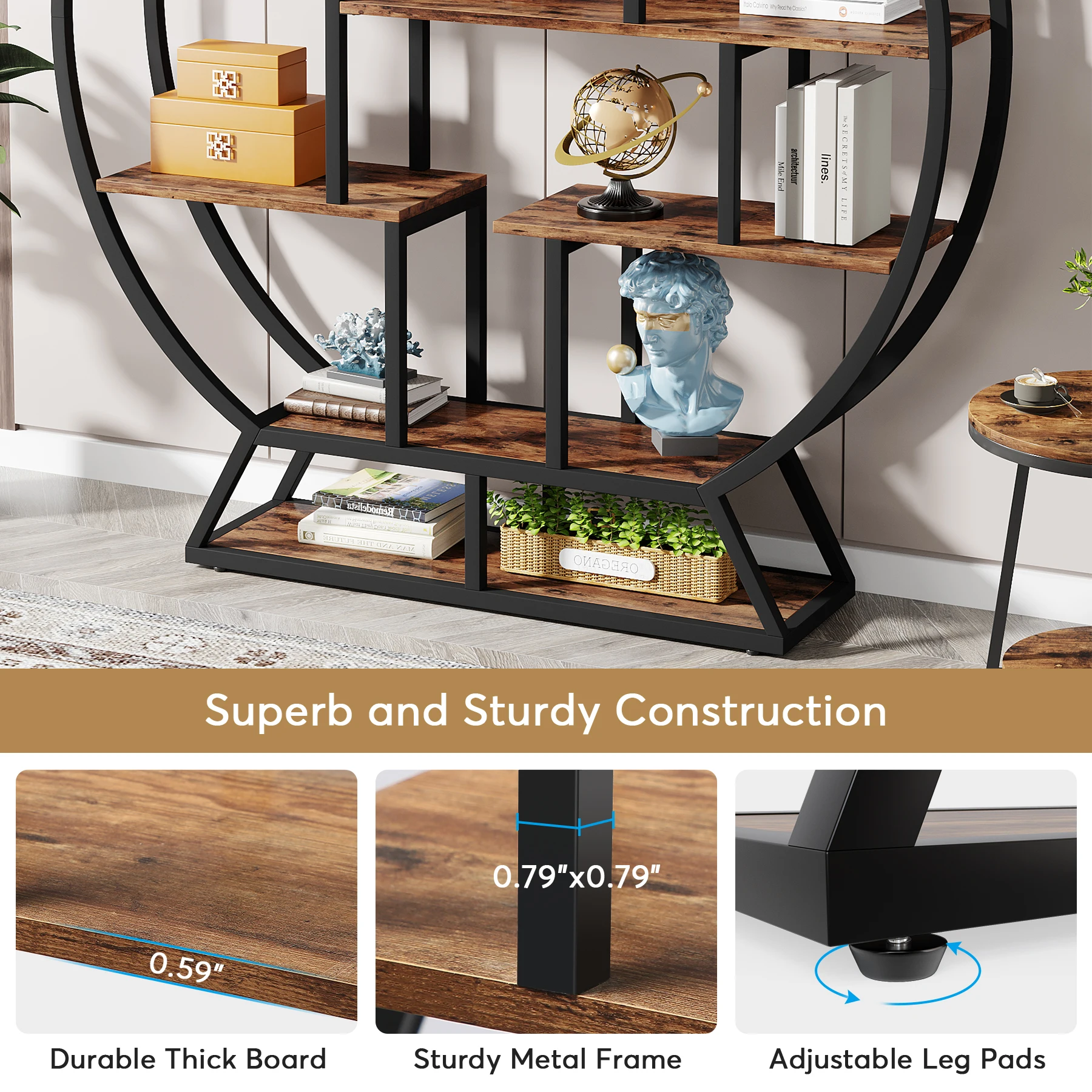 Tribesigns, Round Bookshelves, 63-Inch Industrial Wood Book Shelf with Staggered Shelves - Image 3