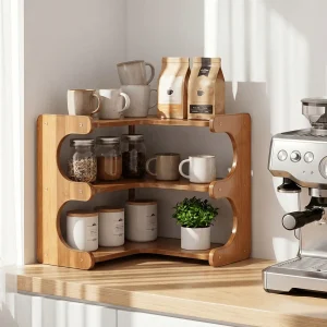 Freestanding Wood Corner Organizer Shelf, Space Saving Drill-Free Multi-Tier Washable Display Shelving
