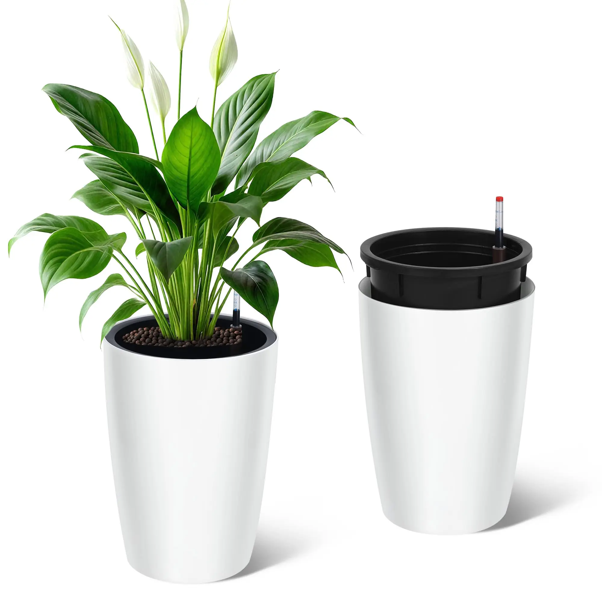 16 Inch Tall Self Watering Planters Set Of 2 With Water Level Indicator, Drainage Reservoir - Image 1