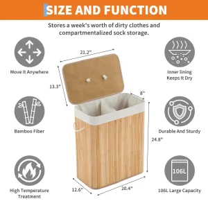 Bamboo Laundry Hamper Large 106L with Removable 4-Section Liner, - Thumbnail Image 2