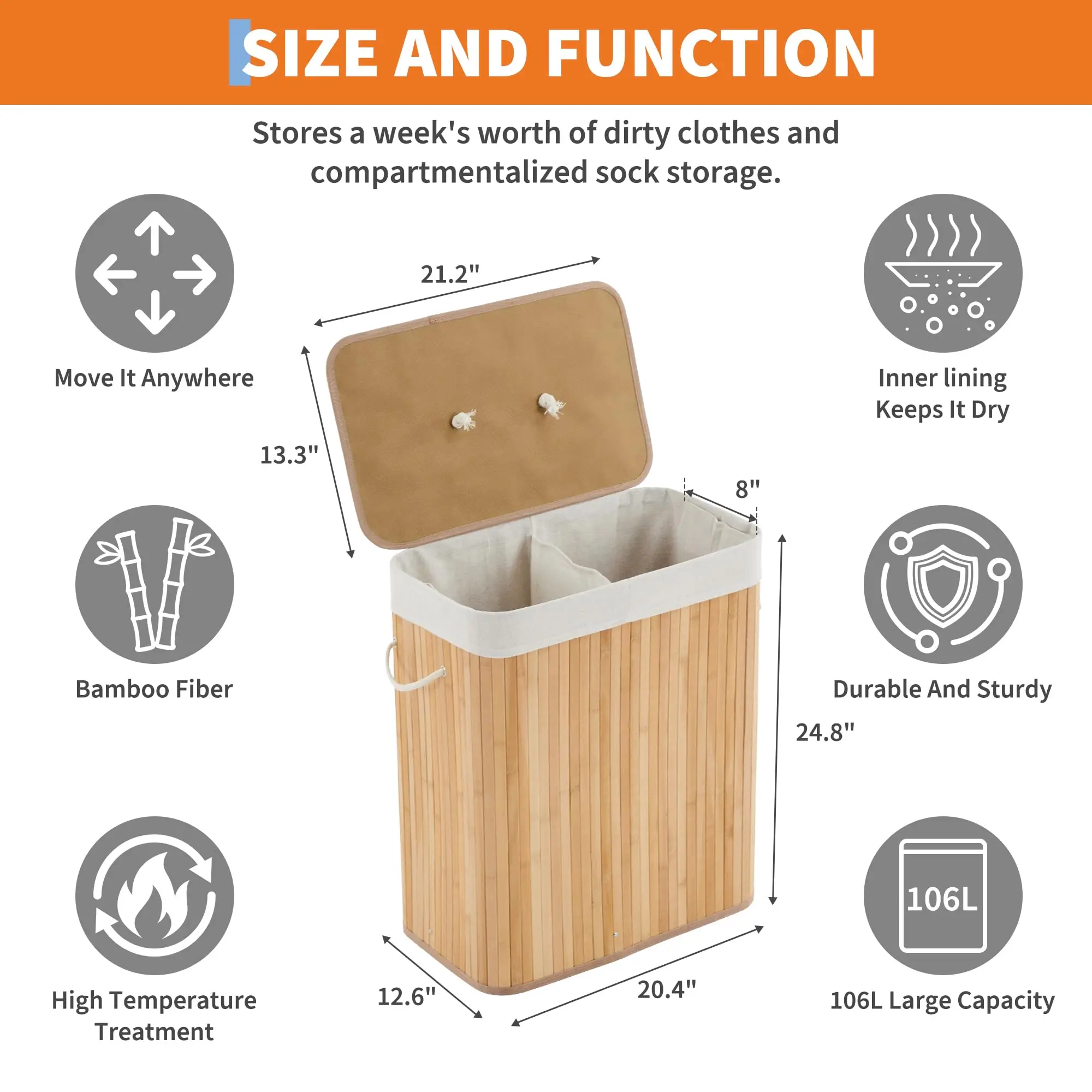 Bamboo Laundry Hamper Large 106L with Removable 4-Section Liner, - Image 2