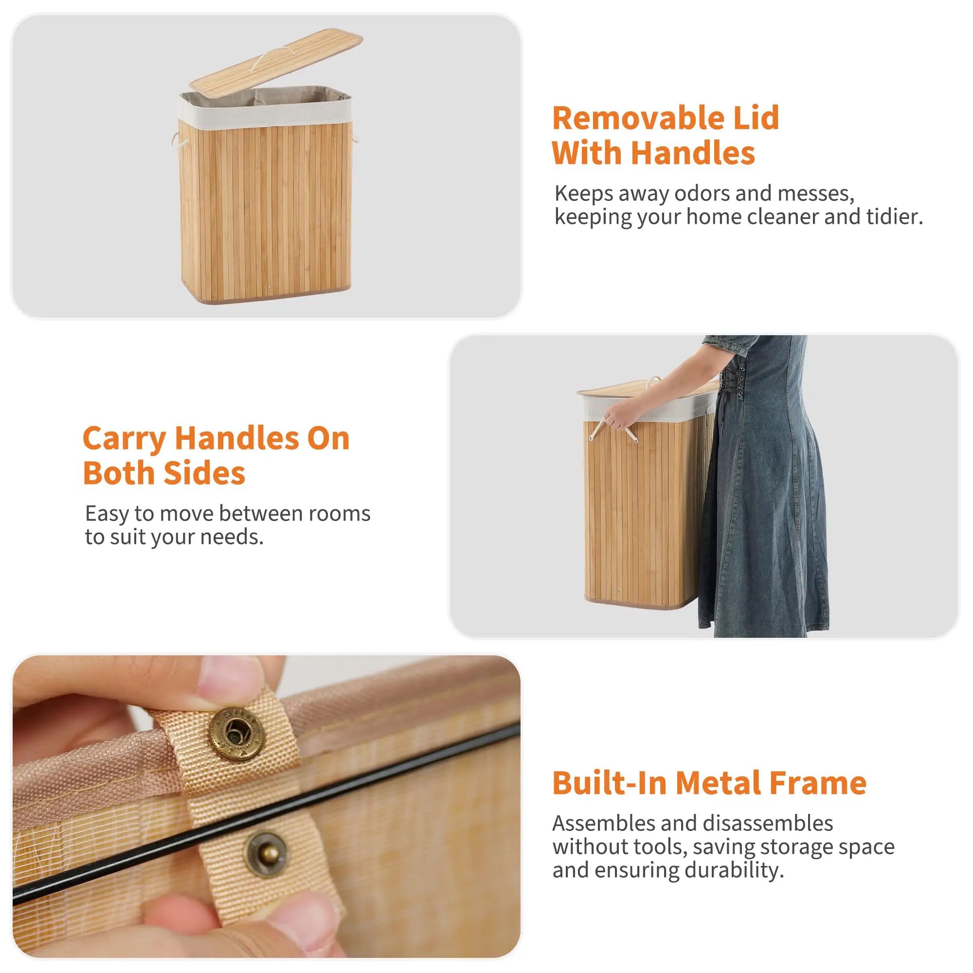 Bamboo Laundry Hamper Large 106L with Removable 4-Section Liner, - Image 4