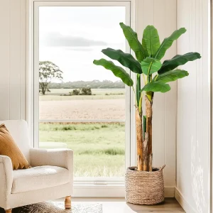 5FT/6FT Artificial Banana Tree,Tall Faux Tropical Plant in Grey Planter, - Thumbnail Image 2