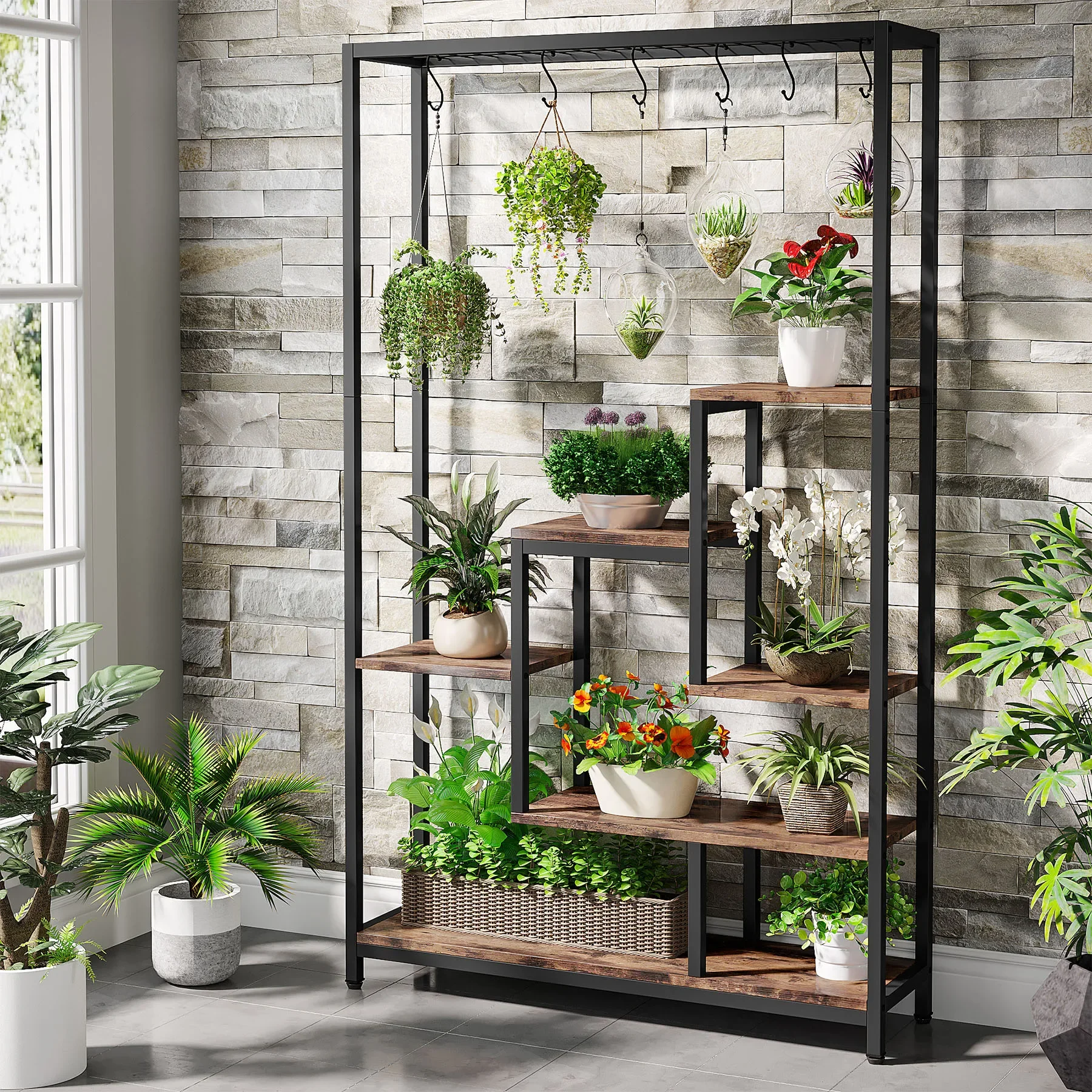 Tribesigns 5 Tiers Tall Indoor Plant Stand 70.9 inches Metal 10 PC S Hanging Hooks for Garden - Image 1