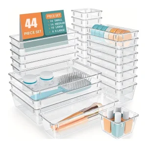 Multifunctional Clear Plastic Drawer Organizer Set, 44pcs Drawer Storage